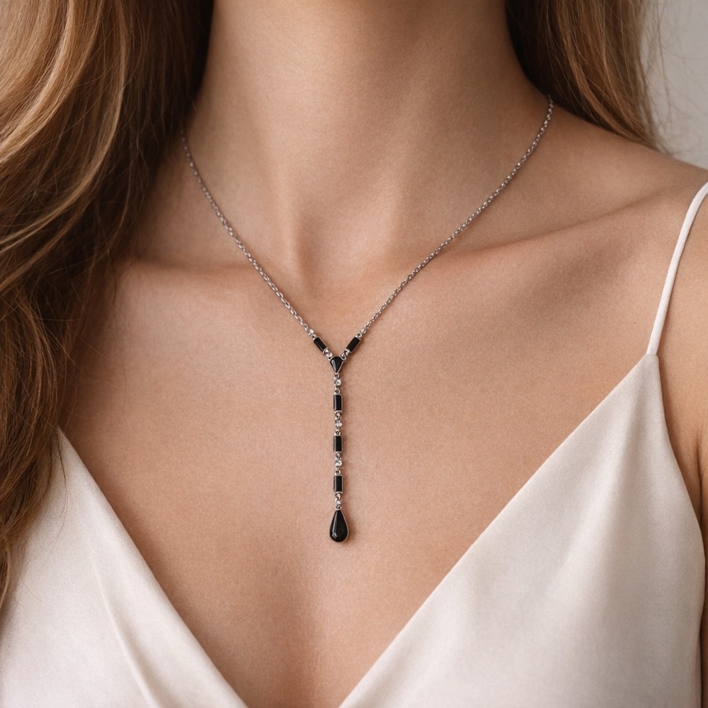 Givenchy Black Stone Drop Necklace Silver Tone St… - image 1
